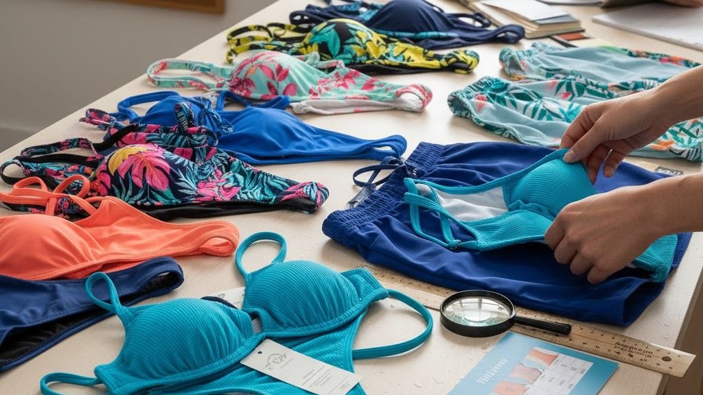 Close-up of swimwear fabric showing texture and stitching quality