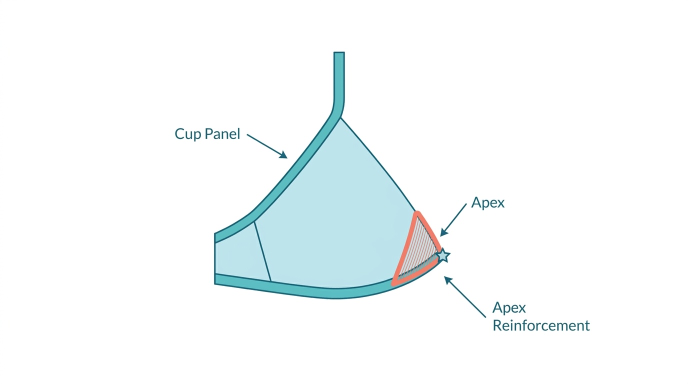 Минималистичная плоская векторная иллюстрация чашки бикини. Синяя стрелка указывает на «Панель чашки», звездочка отмечает «Апекс» сверху, где крепится бретелька, а выделенный коралловый треугольник указывает на «Усиление апекса» для структурной поддержки.