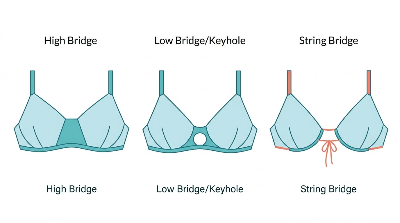 Сравнительная плоская векторная иллюстрация, показывающая три типа перемычек бикини: «Высокая перемычка» с цельной центральной панелью, «Низкая перемычка/Вырез» с центральным вырезом и «Перемычка-шнурок», показывающая застежку на завязках спереди. Каждый стиль четко обозначен на белом фоне.