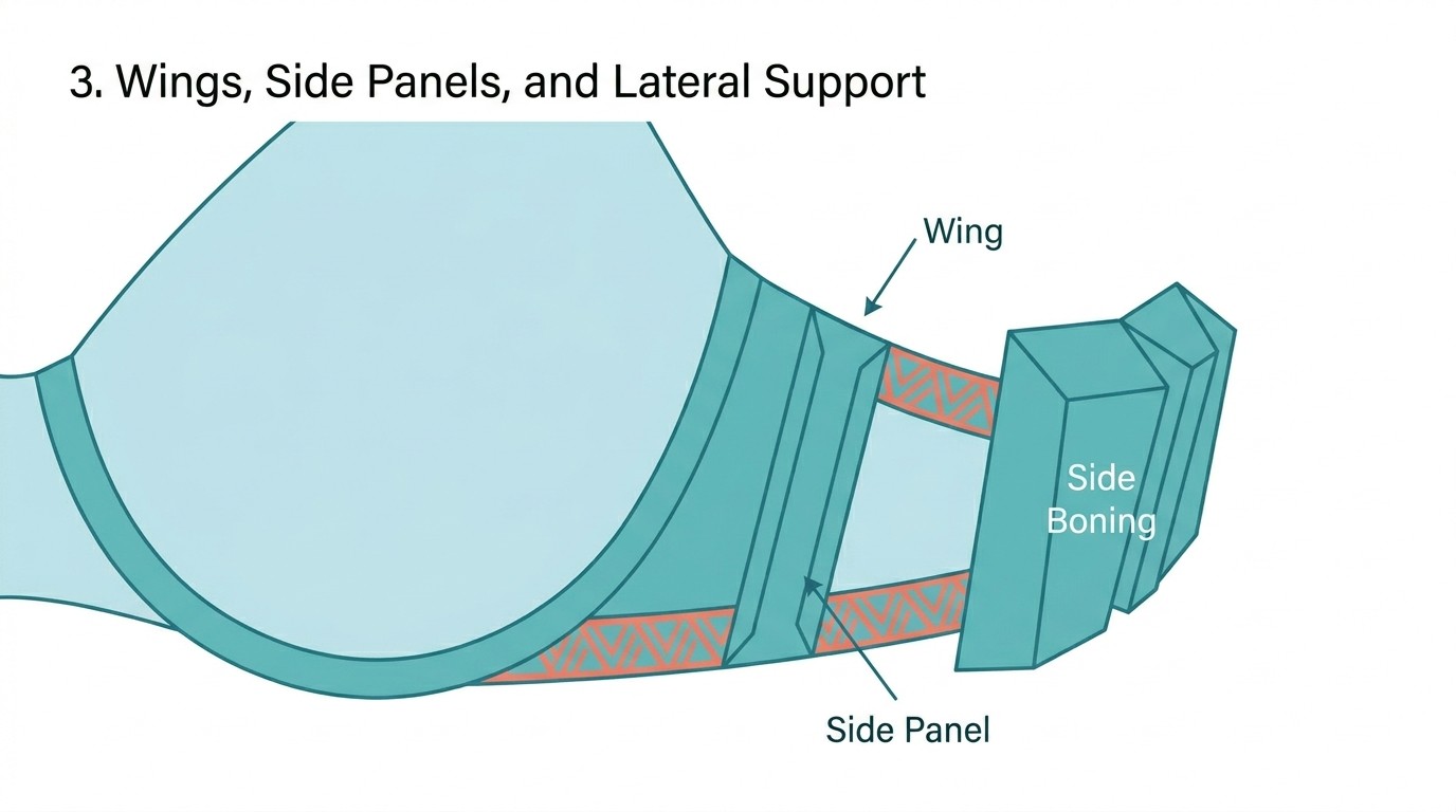 Минималистичная векторная диаграмма боковой структуры верха бикини. На ней выделены «Крыло» (боковая лента), вертикальная «Боковая панель» и 3D-геометрические блоки, представляющие «Боковые косточки», используемые для боковой поддержки и стабильности.