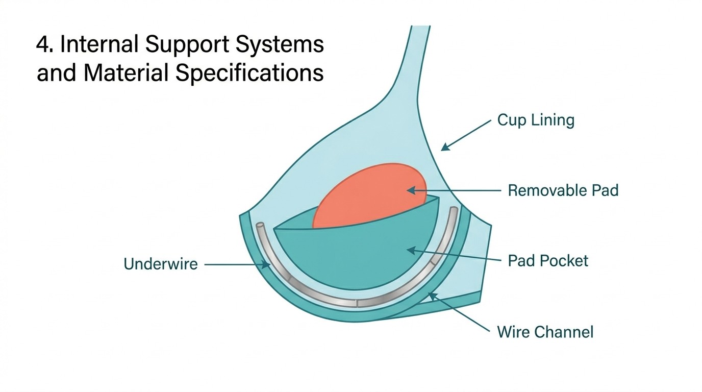 Цветовая схема разреза верха бикини. Метки указывают на «Подкладку», «Карман для вкладыша», содержащий «Съемный вкладыш», и «Косточку», вставленную в «Канал для косточки» у основания чашки.