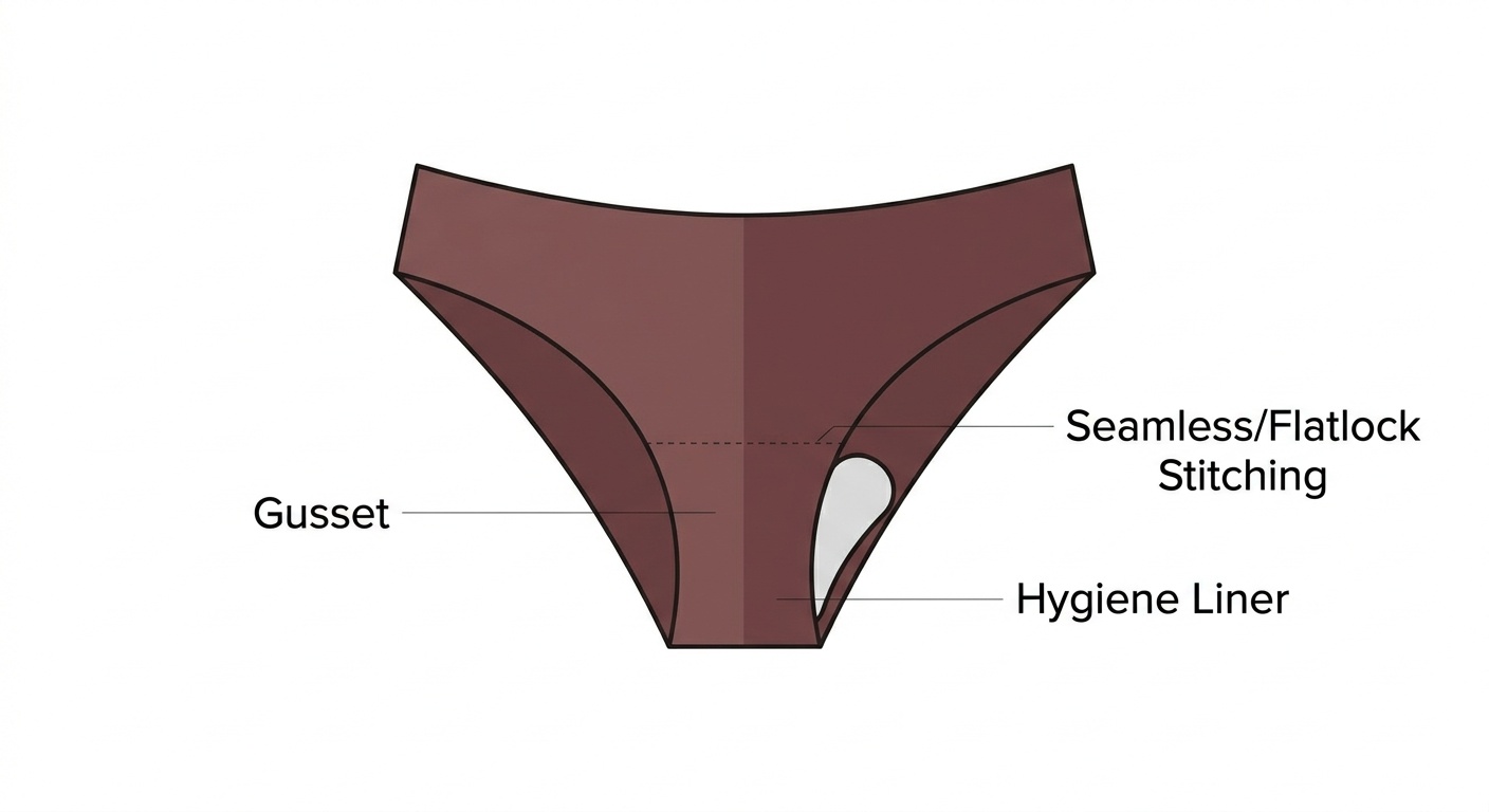 Подробный минималистичный вектор области промежности низа бикини. Метки указывают на панель «Ластовица», линии «Бесшовных/Плоских швов» и белую «Гигиеническую подкладку», расположенную по центру.