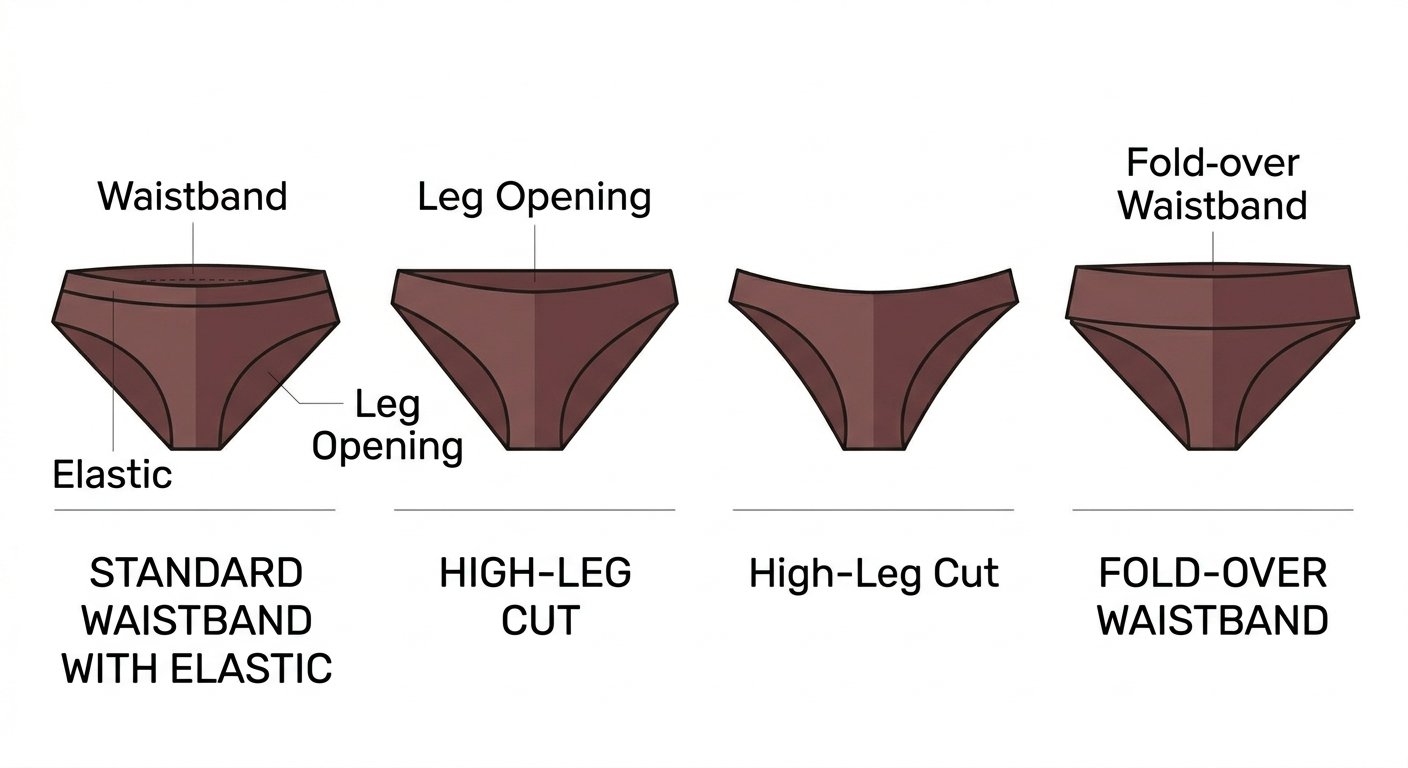 Сравнительная иллюстрация трех силуэтов низа бикини: «Стандартный пояс с резинкой», «Высокий вырез бедра», который сидит выше на бедре, и «Заворачивающийся пояс» с двухслойной верхней частью ткани.
