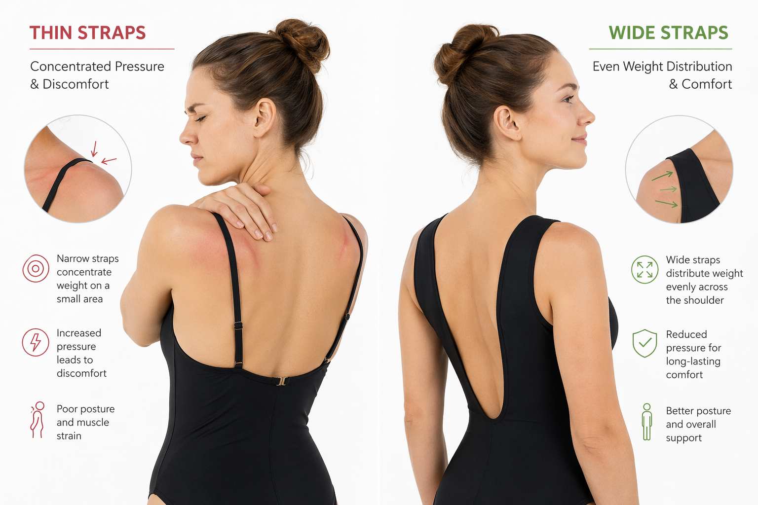 Сравнительное изображение купальников с тонкими и широкими бретельками, демонстрирующее снятие давления с плеч и улучшенную осанку благодаря поддержке