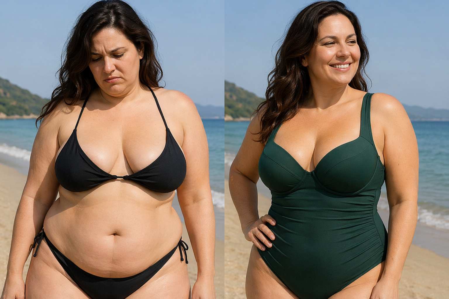 Сравнительное изображение женщины с пышным бюстом на пляже: слева — плохо сидящий бикини с недостаточной поддержкой и провисанием, справа — структурированный купальник с косточками и широкими бретелями, обеспечивающий подъем и лучшую осанку.