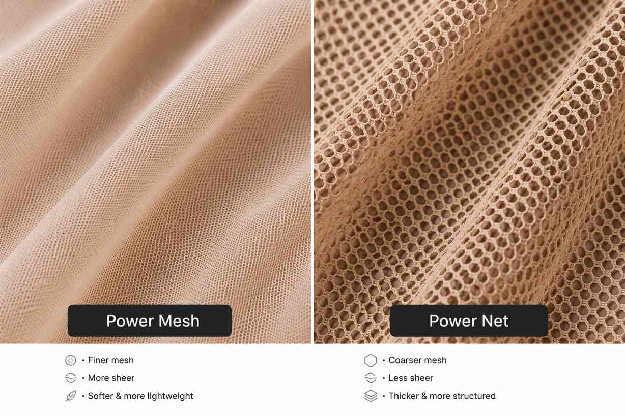 Diferença visual entre os tecidos power mesh e power net para moda praia.