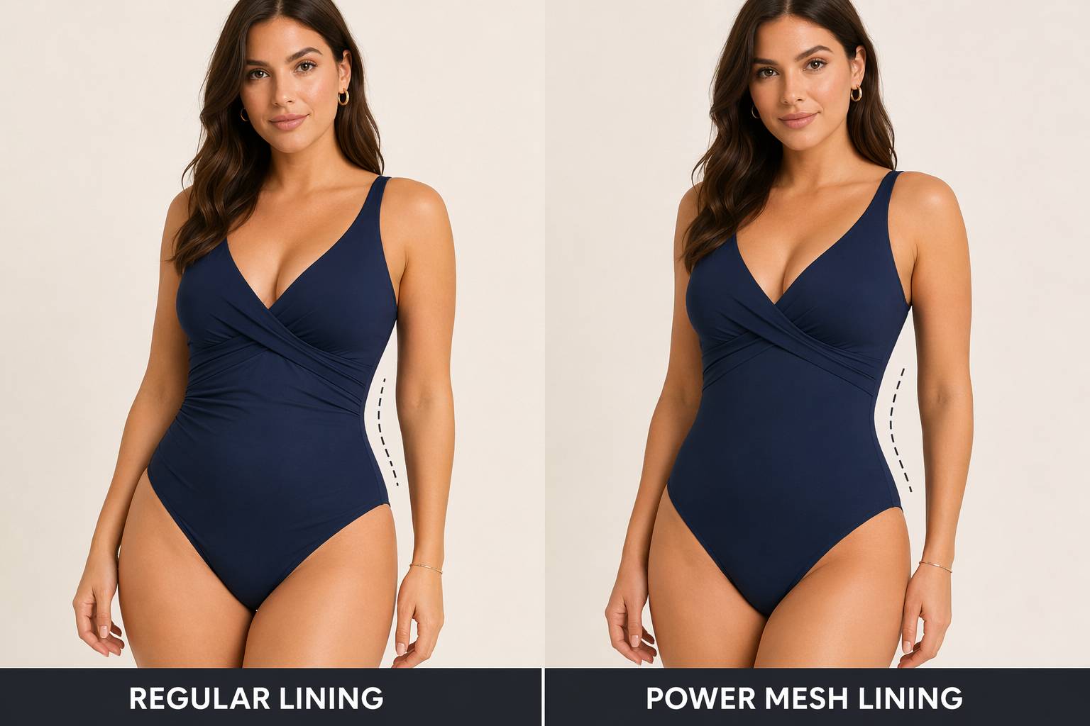 Comparação do efeito de modelagem da moda praia com e sem forro de power mesh.