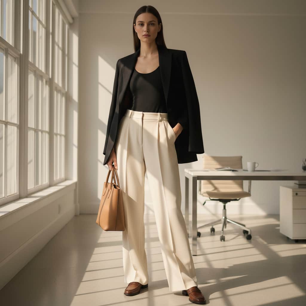 Une femme portant un maillot de bain une pièce noir comme body avec un pantalon ajusté et un blazer pour un look bureau chic