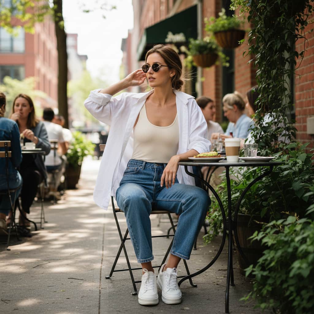 Un maillot de bain une pièce côtelé minimaliste associé à un jean vintage et une chemise en lin blanc pour un look week-end décontracté