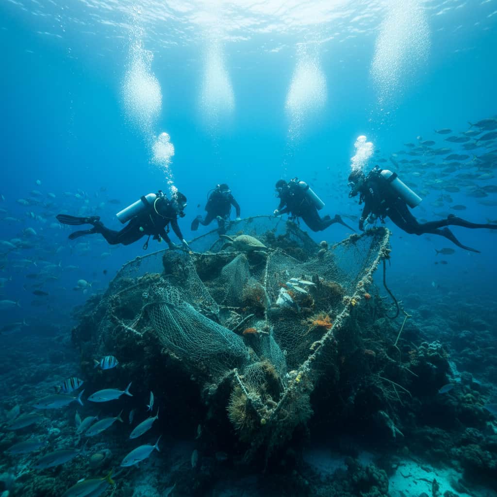 Plongeurs de la fondation Healthy Seas retirant des filets de pêche fantômes abandonnés du fond de l'océan