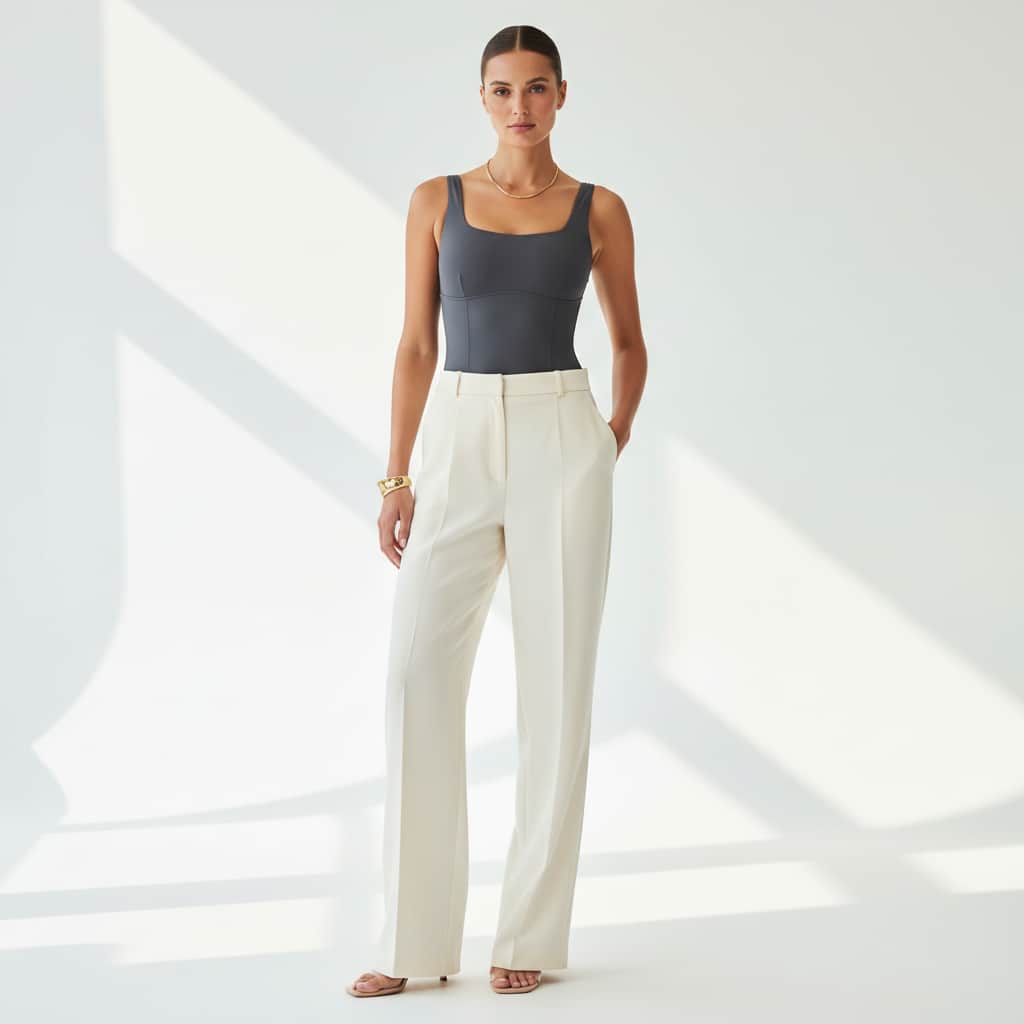 Femme élégante portant un body convertible à une épaule, associé à un pantalon ajusté