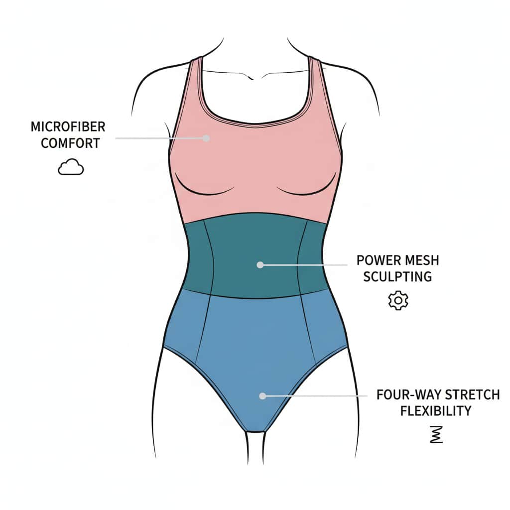 Illustrazione che mostra tre zone di un costume da bagno con body mapping che evidenziano il supporto del seno, la compressione del core e la flessibilità dei glutei