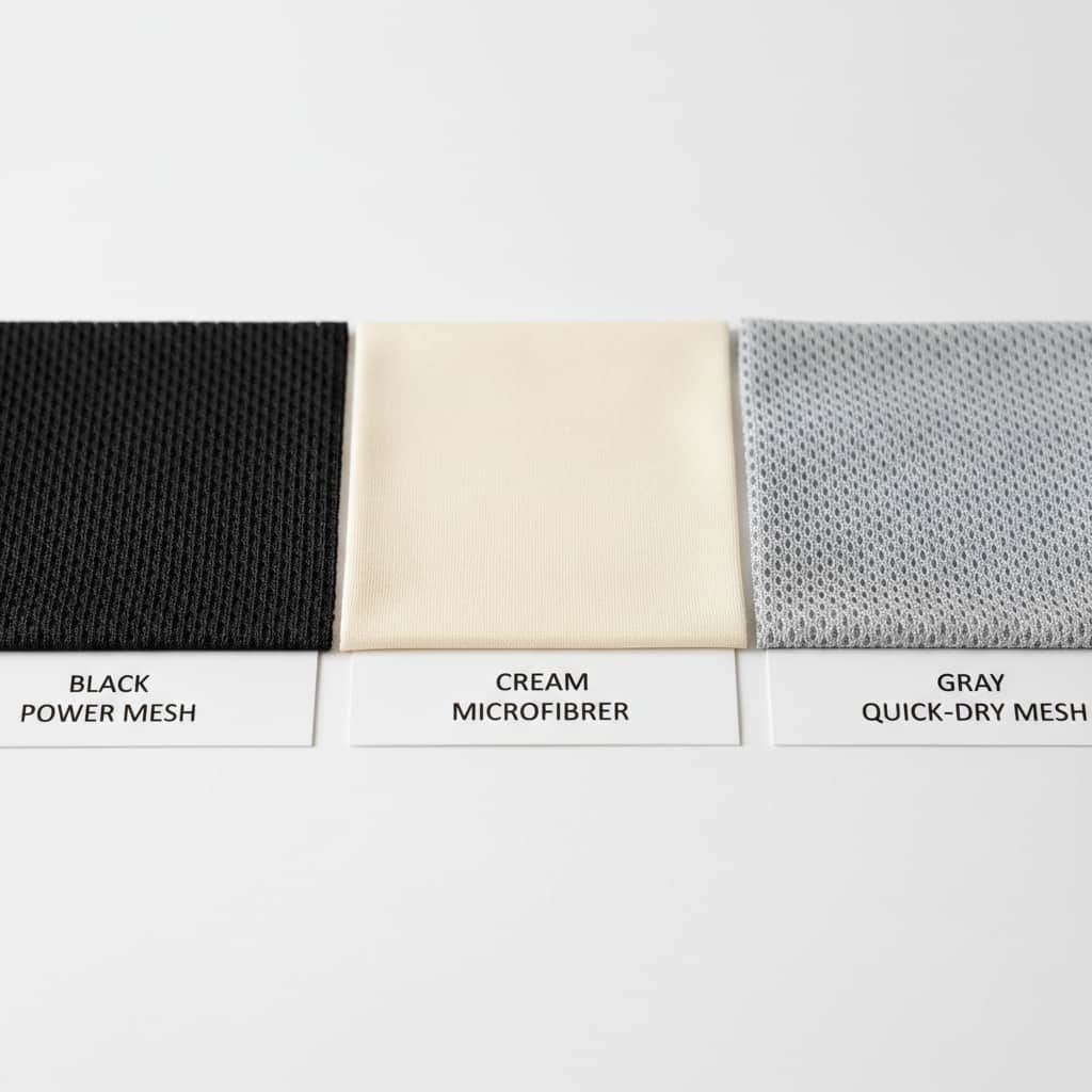Tre campioni di tessuto per costumi da bagno inclusi power mesh compressivo, microfibra morbida e mesh ad asciugatura rapida