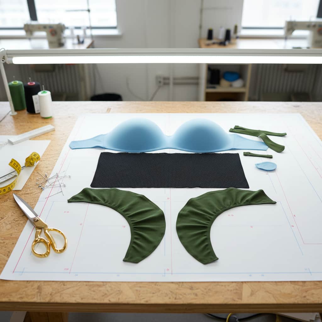 Pannelli di tessuto multipli tagliati per un costume da bagno con body mapping disposti su un tavolo da taglio per modelli