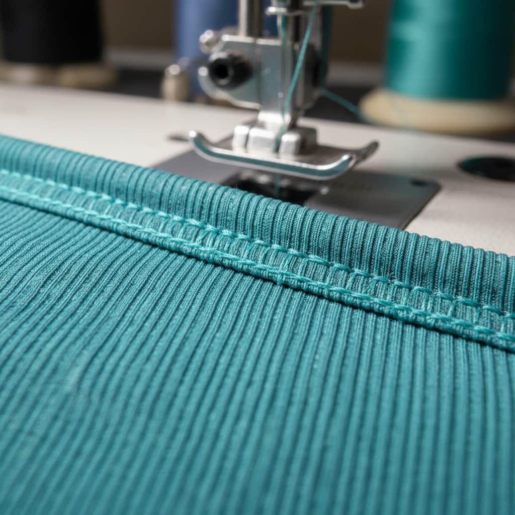 Détail en gros plan de coutures flatlock spécialisées sur un tissu de maillot de bain côtelé texturé montrant une couture précise