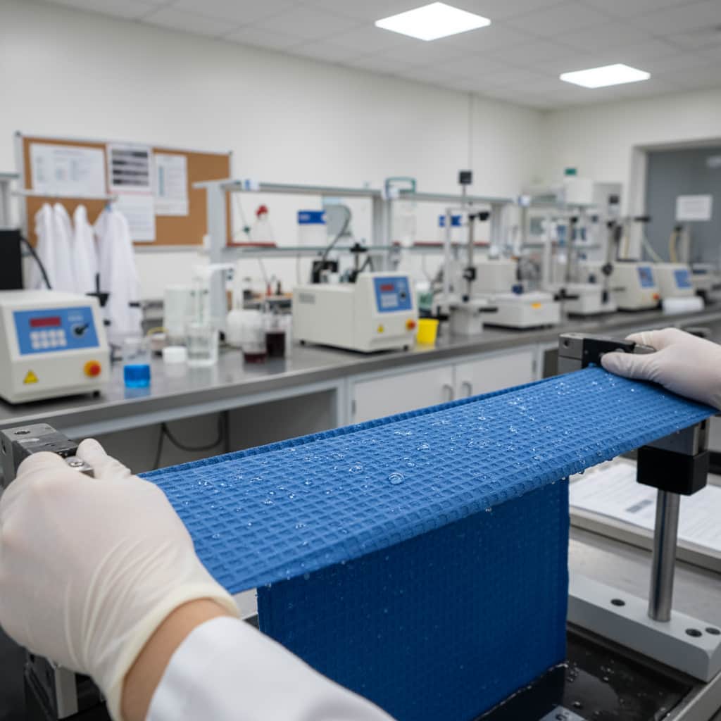 Professionnel du contrôle qualité textile effectuant un test d'élasticité à l'état mouillé sur un tissu de maillot de bain texturé en laboratoire