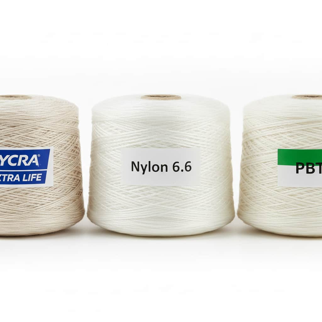 Vergleich von Bademoden-Garnfasern, einschließlich LYCRA XTRA LIFE, Nylon 6.6 und PBT-Polyester auf Industriespulen