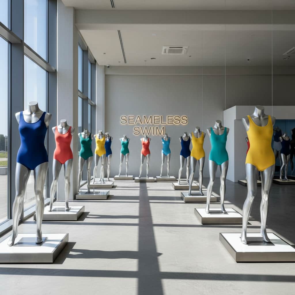 Fertige nahtlose Bademodenkollektion auf Schaufensterpuppen in einem modernen Ausstellungsraum