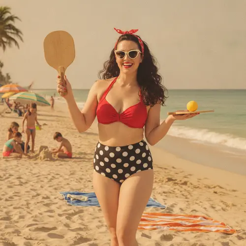 Woman in a retro polka dot high-waisted bikini at the beach, showing high-rise bottoms covering the midsection