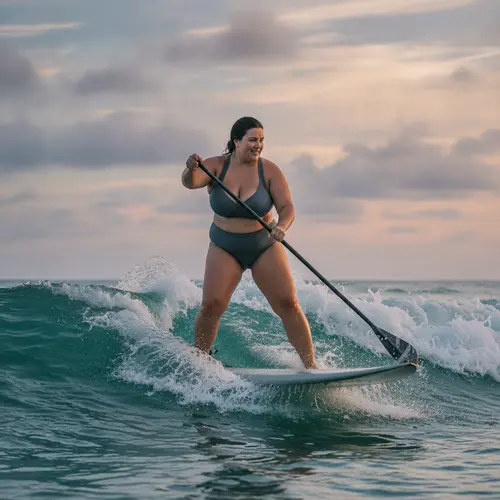 Woman surfing in an underwire bikini showing bra-like structured cups and adjustable straps for support