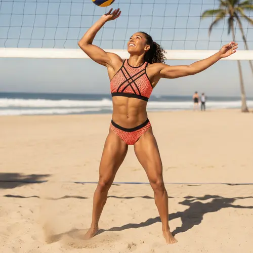 Woman playing beach volleyball in a high-neck crop top bikini showing full chest coverage and sporty racerback