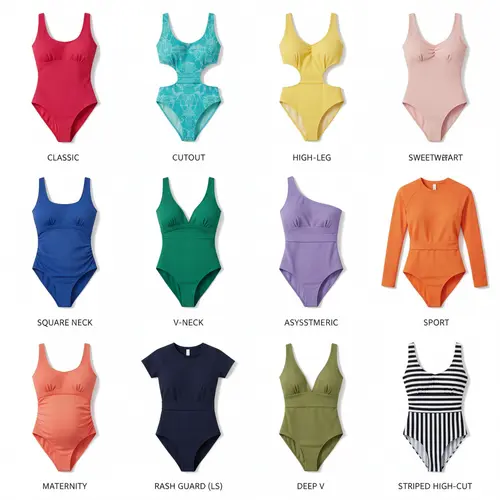 Collage di 12 diversi stili di costume intero che includono modelli classico, maillot, cut-out, sgambato, con dettaglio ad anello, scollo a cuore, scollo quadrato, scollo a V, asimmetrico, sportivo, premaman e rash guard