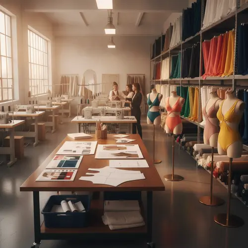 Stabilimento di produzione di costumi da bagno che mostra rotoli di tessuto, bozzetti di design e costumi interi finiti