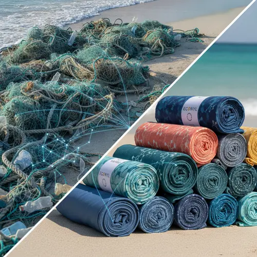 Redes de pesca desechadas y residuos oceánicos transformándose en un colorido tejido de bañador sostenible reciclado