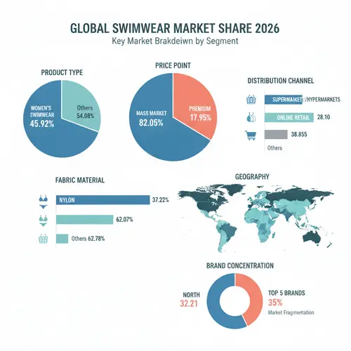 Infográfico mostrando a divisão da quota de mercado global de roupa de banho em 2026 em seis dimensões: tipo de produto (feminina 45,92%), tecido (nylon 37,22%), faixa de preço (mercado de massa 82,05%), distribuição (supermercados 33,05%), geografia (América do Norte 32,21%) e concentração de marca (top 5 com 35%)