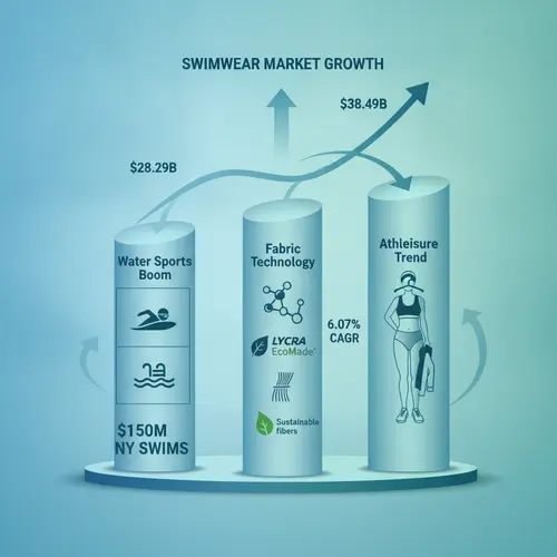 Três pilares interligados impulsionando o crescimento do mercado de roupa de banho: boom na participação em desportos aquáticos, avanços na tecnologia de tecidos com elastano a 6,07% CAGR, e tendência athleisure permitindo roupa de banho multifuncional