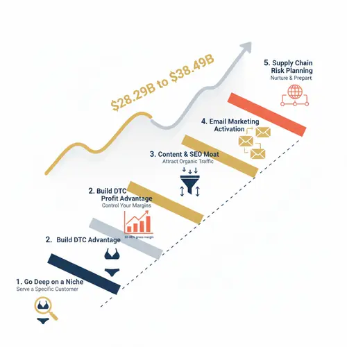 Cinco estratégias acionáveis para startups de roupa de banho: Aprofundar um nicho, Construir vantagem de lucro DTC (margens brutas de 60-80%), Construir fosso de conteúdo e SEO, Ativar com marketing por e-mail e Planear riscos da cadeia de abastecimento