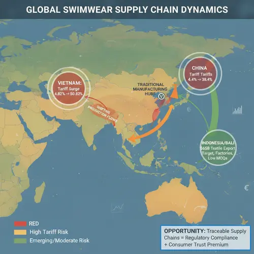 Mapa-múndi mostrando a mudança na cadeia de abastecimento de roupa de banho com as alterações tarifárias dos EUA: o Vietname subiu para 50,82%, a China para 38,4%, com alternativas emergentes na Índia (meta de exportação de 65 mil milhões de dólares com esquema PLI) e as fábricas movidas a energia solar de Bali