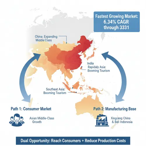 Mapa de oportunidades do mercado Ásia-Pacífico mostrando um crescimento de 6,34% CAGR, com os países destacados China, Índia, Sudeste Asiático e Austrália, além de dois caminhos de oportunidade como mercado consumidor e base de fabricação