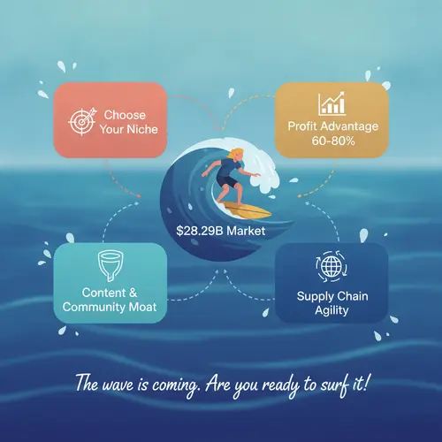 Infográfico de resumo para o sucesso de startups de roupa de banho mostrando quatro principais conclusões: escolha o seu nicho, aproveite a vantagem de lucro DTC (margens de 60-80%), construa um fosso de conteúdo e comunidade e mantenha a agilidade da cadeia de abastecimento, com o slogan inspirador 'A onda está a chegar'