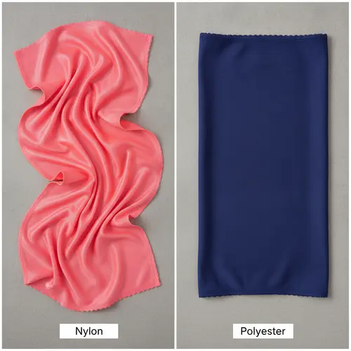 Side-by-side comparison of nylon and polyester swimwear fabric swatches showing differences in texture, luster, and drape.