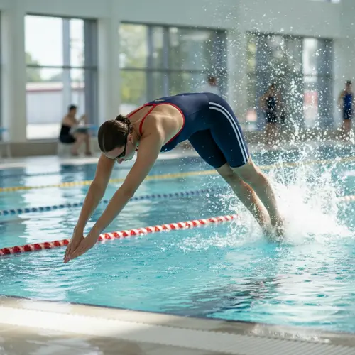 Competitive swimmer in a sleek polyester racing swimsuit diving into a chlorinated pool, showing the fabric's durability and performance fit.