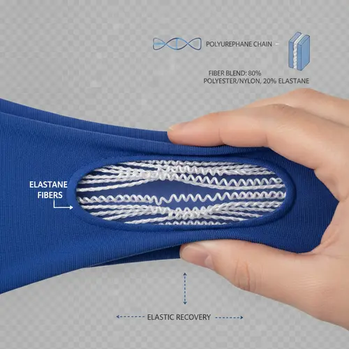 Close-up of swimwear fabric being stretched showing spandex elastic fibers, illustrating the elasticity and recovery properties.