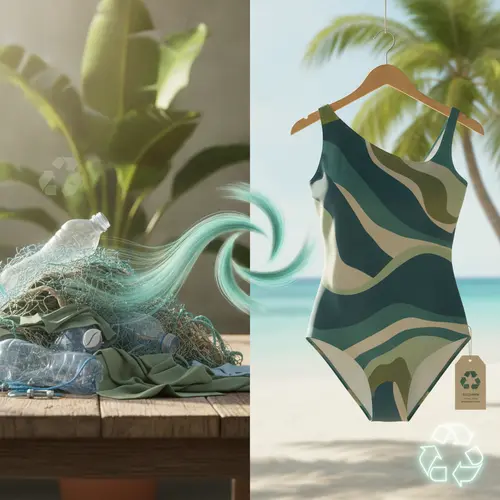 Sustainable swimwear fabric lifecycle showing recycled plastic bottles and fishing nets transformed into eco-friendly swimsuits.