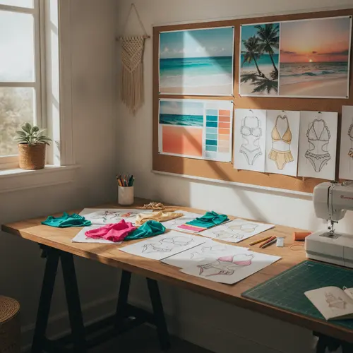 Espaço de trabalho de design com mood boards, esboços de fatos de banho e amostras de tecido ilustrando a fase de design de fatos de banho