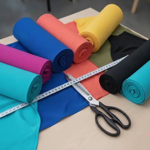 Rolos de tecidos para fatos de banho em várias cores mostrando materiais de nylon, poliéster e elastano com ferramentas de medição