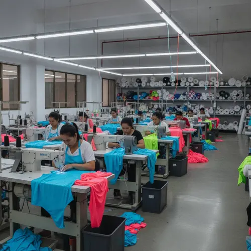 Interior moderno de fábrica de fatos de banho com máquinas de costura, trabalhadores a montar fatos de banho e rolos de tecido empilhados