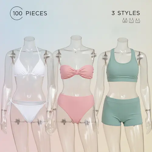 Three different bikini styles displayed together representing a 100-piece, 3-style collection launch