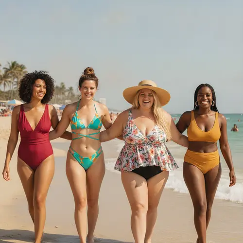 Donne diverse in vari stili di costume da bagno che si godono una giornata di sole in spiaggia