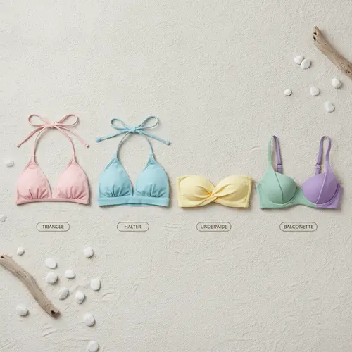 Cinque diversi stili di top bikini esposti fianco a fianco per confronto