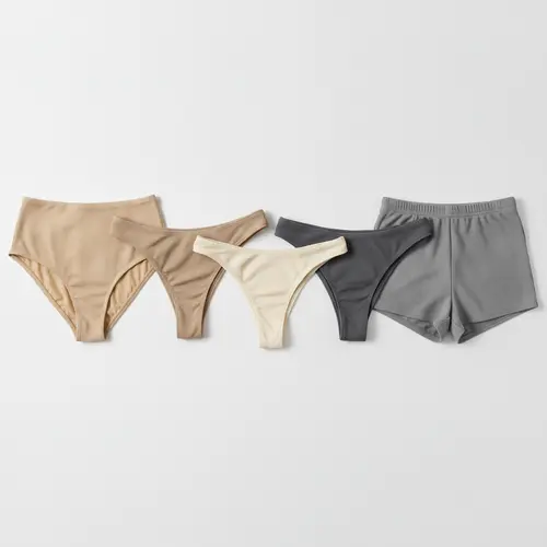 Cinque diversi stili di slip bikini esposti fianco a fianco per confronto