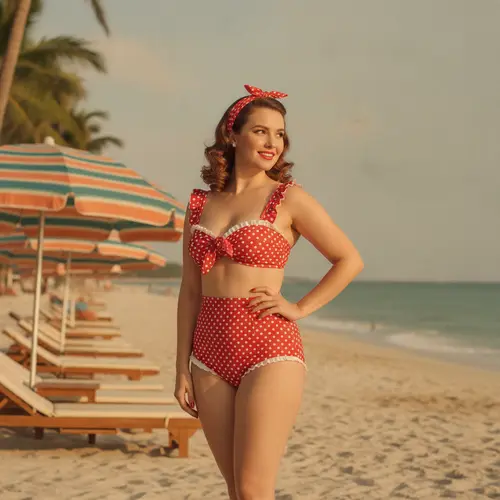 Slip bikini a vita alta a pois rossi con stile retrò