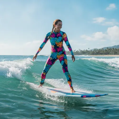Rash guard a manica lunga con stampa tropicale indossata per sport acquatici