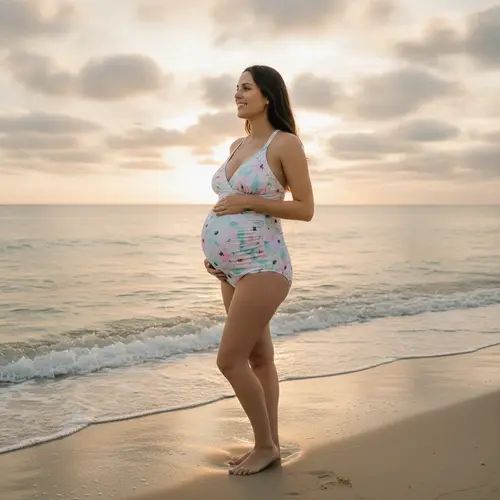 Costume da bagno premaman con pannelli elasticizzati su una donna incinta in spiaggia