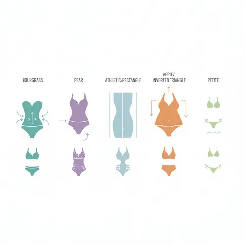 Infografica che mostra cinque tipi di corpo femminile con stili di costume da bagno consigliati