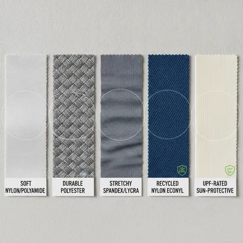 Confronto campioni di tessuto che mostra texture di nylon, poliestere, spandex, nylon riciclato e tessuto UPF